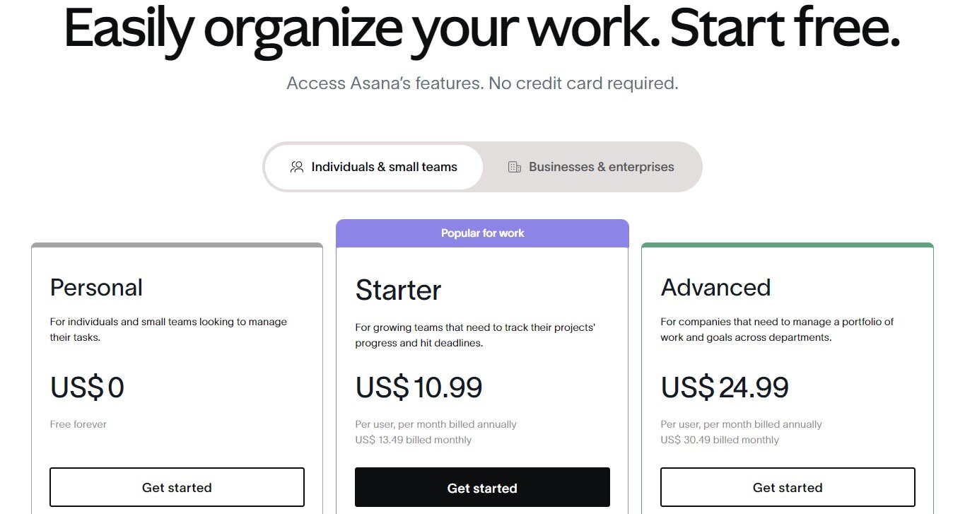 Asana pricing plans